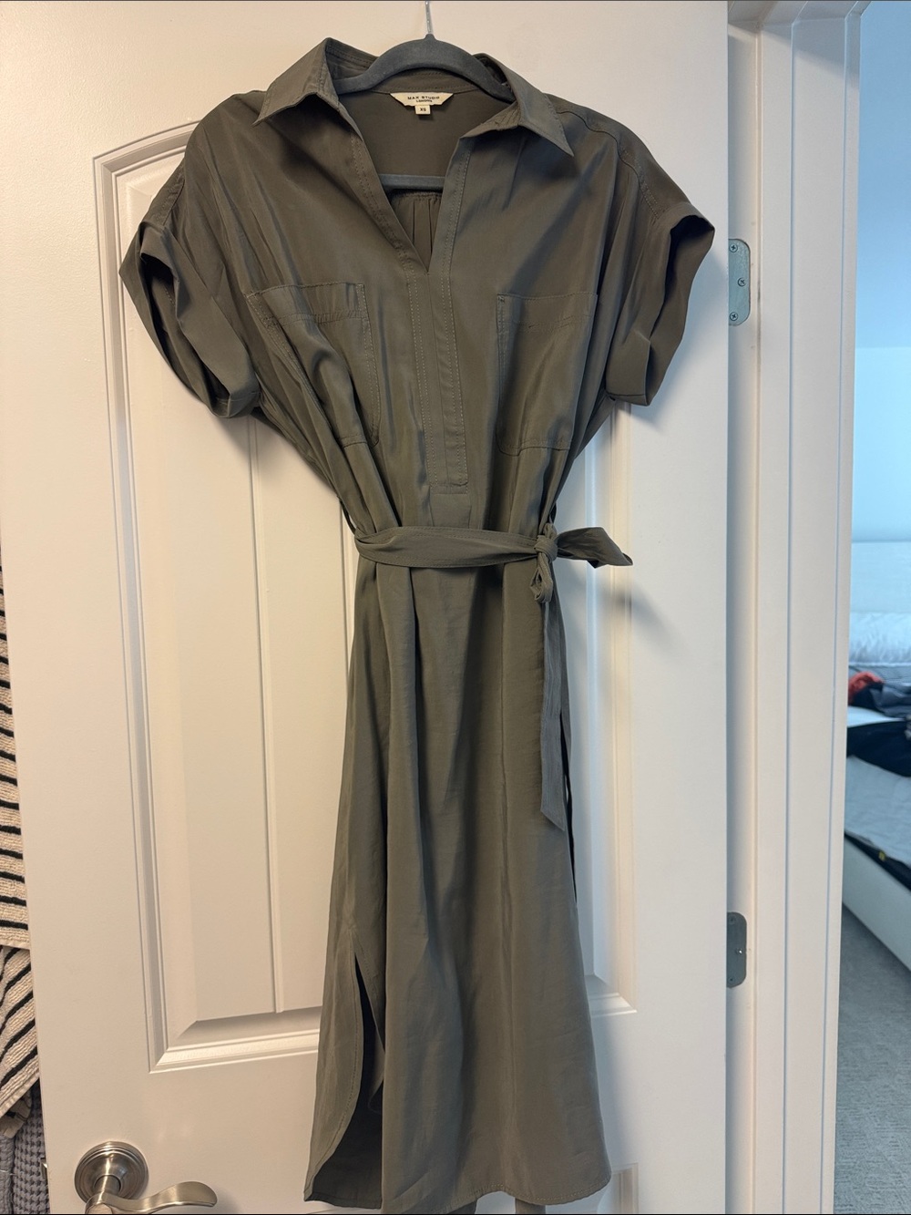 Max Studio Olive-Green Tie-Waist Midi Shirt Dress